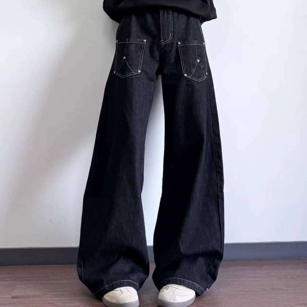 2026 Retro Black Bright Line Washed Scimitar Jeans Street Design Wide Leg Show High Brand Trousers Joggers Men