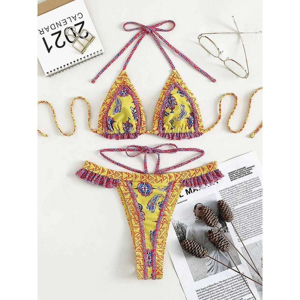 Floral Printed Halter Ruffled Frilled Women Swimwear Female Swimsuit Two-pieces Bikini set Thong Bathing Suit Swim Lady C260207