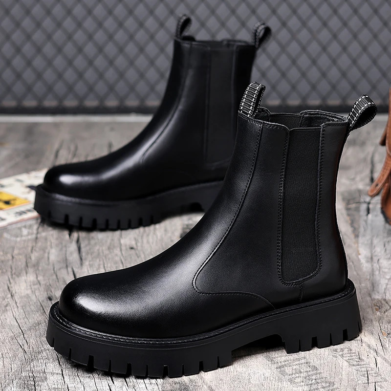 big size men fashion high chelsea boots slipon genuine leather shoes black stylish cowboy platform boot long motorcycle botas 260208