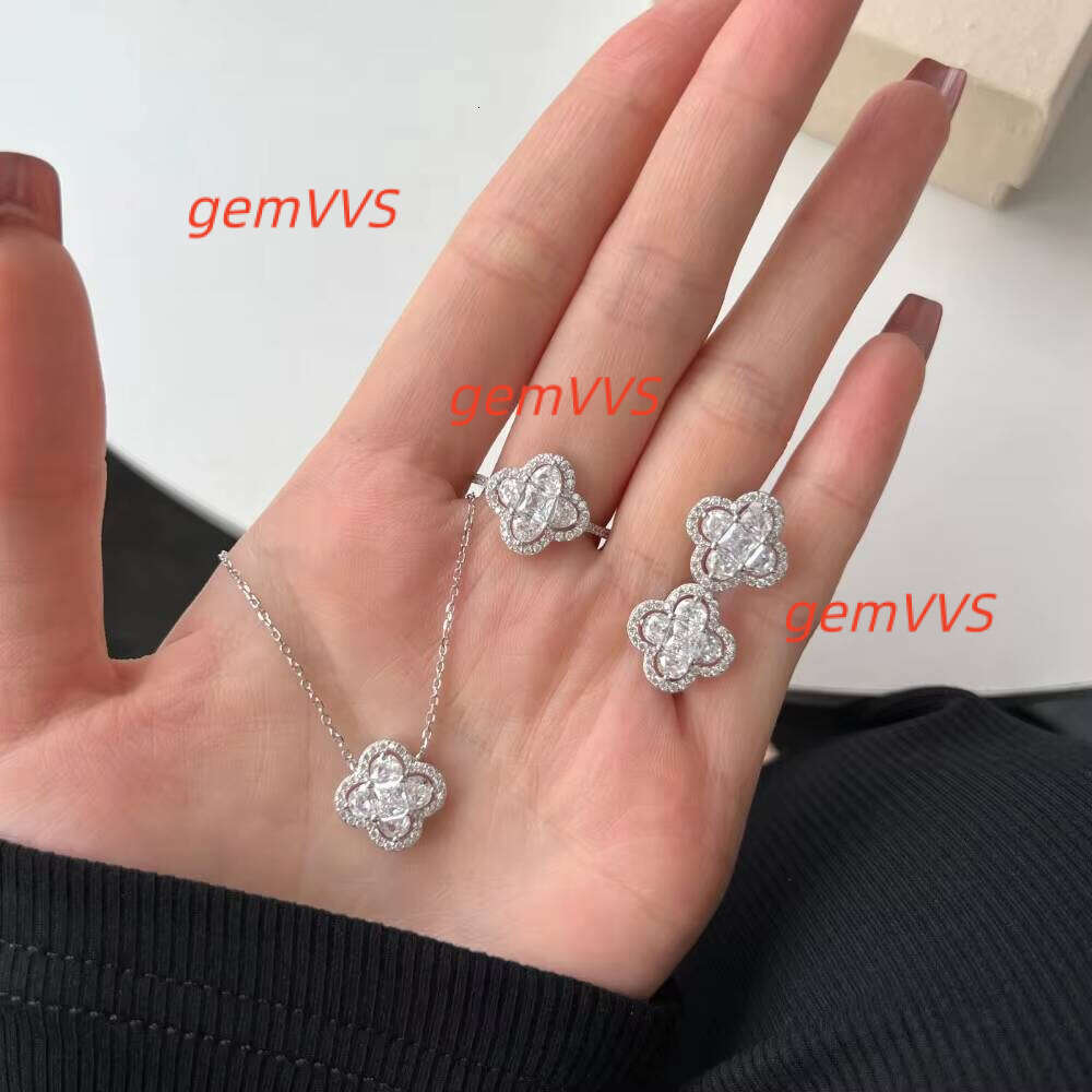 Wholesale 925 Silver Micro Inlay Zircon Pink Yellow CZ Stone Lucky Four Leaf Clover Necklace Ring Earrings Jewelry Set For Women