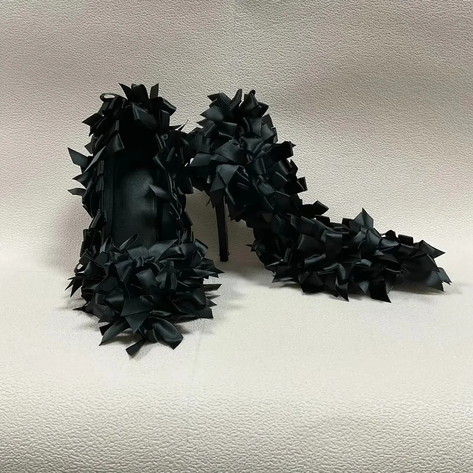 Black Satin ButterflyKnot Women Pumps 2026 Summer Fashion Shallow High Heels Pointed Toe Stiletto Heel Casual Sandals 260208