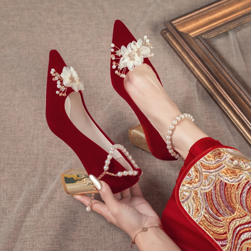 Comemore Red High Heel Chinese Style Bridal Wedding Shoe 2024 Beaded Womens Pointed Toe Pumps Fashion Pump Heels 34 260208