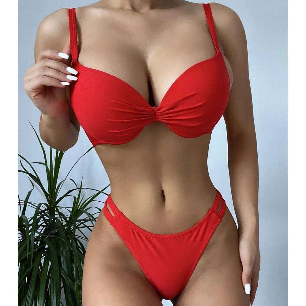 Sexy Red Push Up Swimsuits Women Bikinis Sets 2025 Mujer Swimwear Ruched High Cut Bathing Suit Biquinis Underwire Bikini Bathers C260207