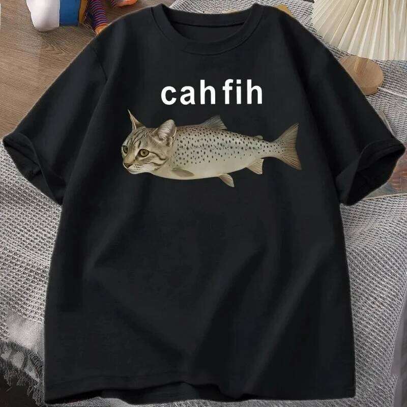 Cah T-Shirt Fih Funny Mispelled Meme T Shirt Cat and Fish Humor Tshirt Casual Short Sleeve Clothes Graphic Y2K C260207