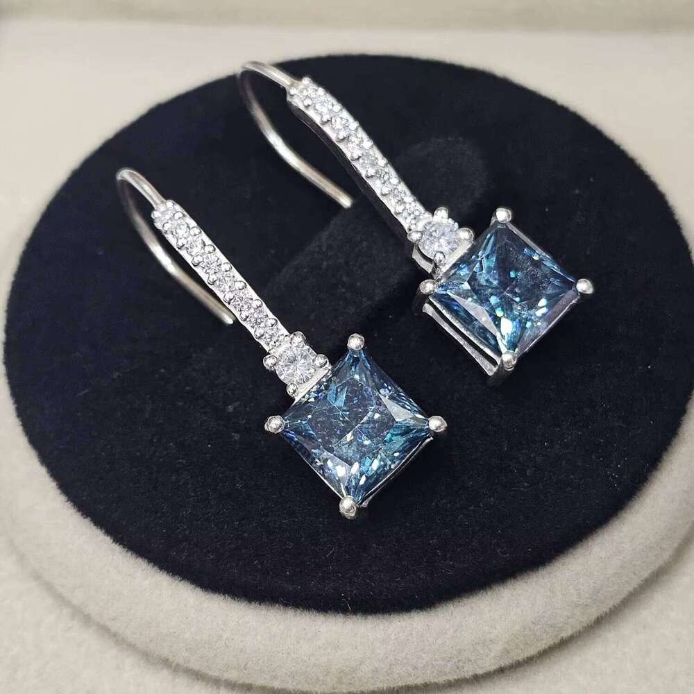 Original Fine Earrings 925 Sterling Silver Excellent Quality Latest Trendy Square Cut Blue Coated Moissanite Gemstone