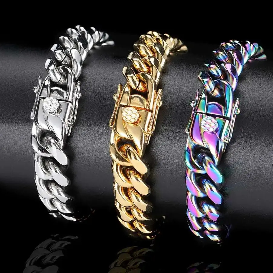 6810121416mm Gold Color Stainless Steel Curb Cuban Link Chain Bracelet Bangle Jewelry 710inch Gift for Men Women 260206