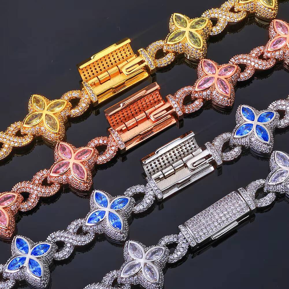 Flower Cross Four Leaf Clover Bracelet Iced Out Moissanite Chain Gold Plated Silver Miami Cuban Link Trendy Hip Hop Jewelry