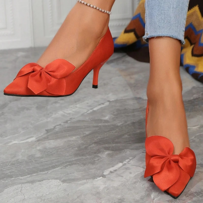 Women High Heels Shoes Pointy Shallow Mouth Bow with Shoes Spring Autumn 2024 Fashion Sexy Banquet High Heels Shoes for Women 260202