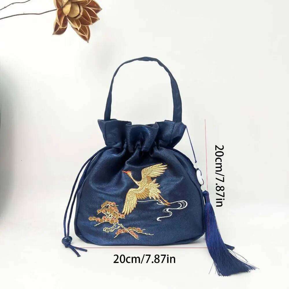 Ethnic Embroidery Drawstring Silk Satin Flower Bucket Bag Chinese Handbag Ancient Style Hanfu Accessories