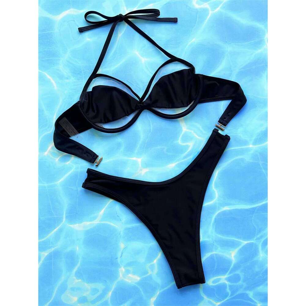 Transparent Bikini Black Gothic Swimsuit Push Up Backless String Hollow Out Micro Tanga Swimwear Women Beach Outfit Bathing Suit C260207