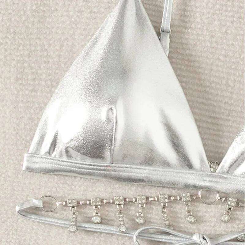 Silver Backless Swimwear Triangle Bikinis Sets Woman 2026 Sexy Swimsuit Summer High Leg Cut Bathing Suit Rhinestone Bikini Dames C260207