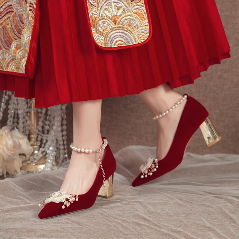 Comemore Red High Heel Chinese Style Bridal Wedding Shoe 2024 Beaded Womens Pointed Toe Pumps Fashion Pump Heels 34 260208