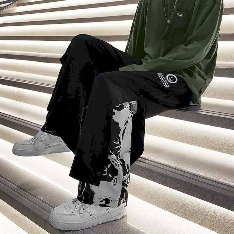 High casual trousers buttoned male gothic loose straight wide leg fake two piece pants high street men's bottoms