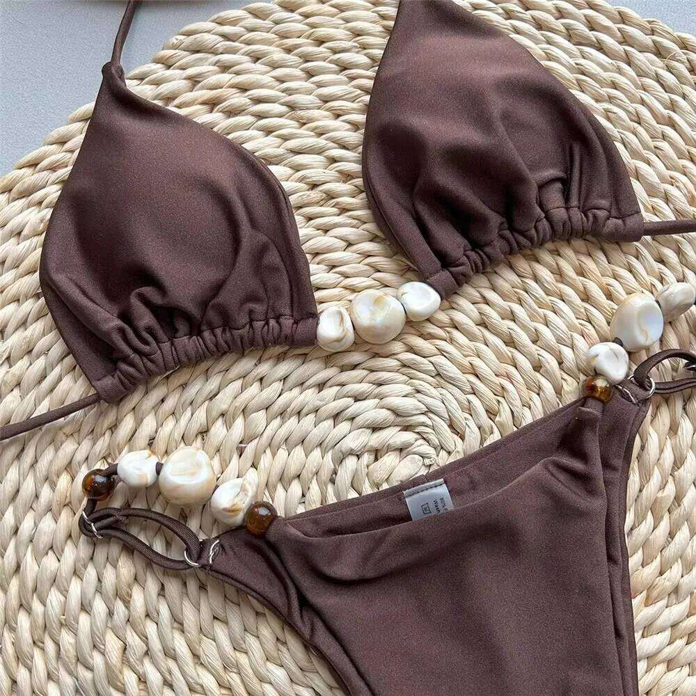 Solid Green Swimwears Sexy Halter Triangle Bead String Bikini Mini Micro Thong Swimsuit Woman 2026 Summer Brazilian Bikinis Sets C260207
