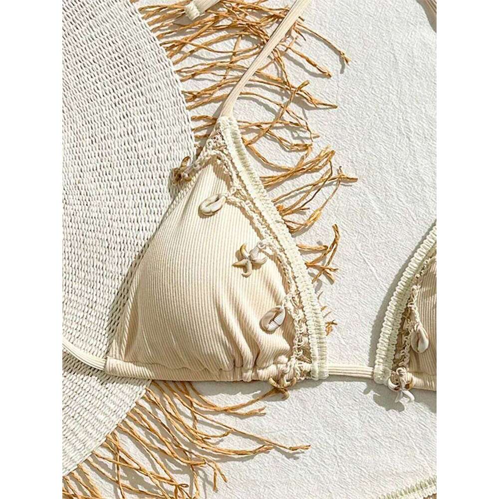 Shell Decoration Ribbed Women Swimwear Female Swimsuit Two-pieces Bikini Set Halter Strappy Bather Bathing Suit Swim Lady C260207