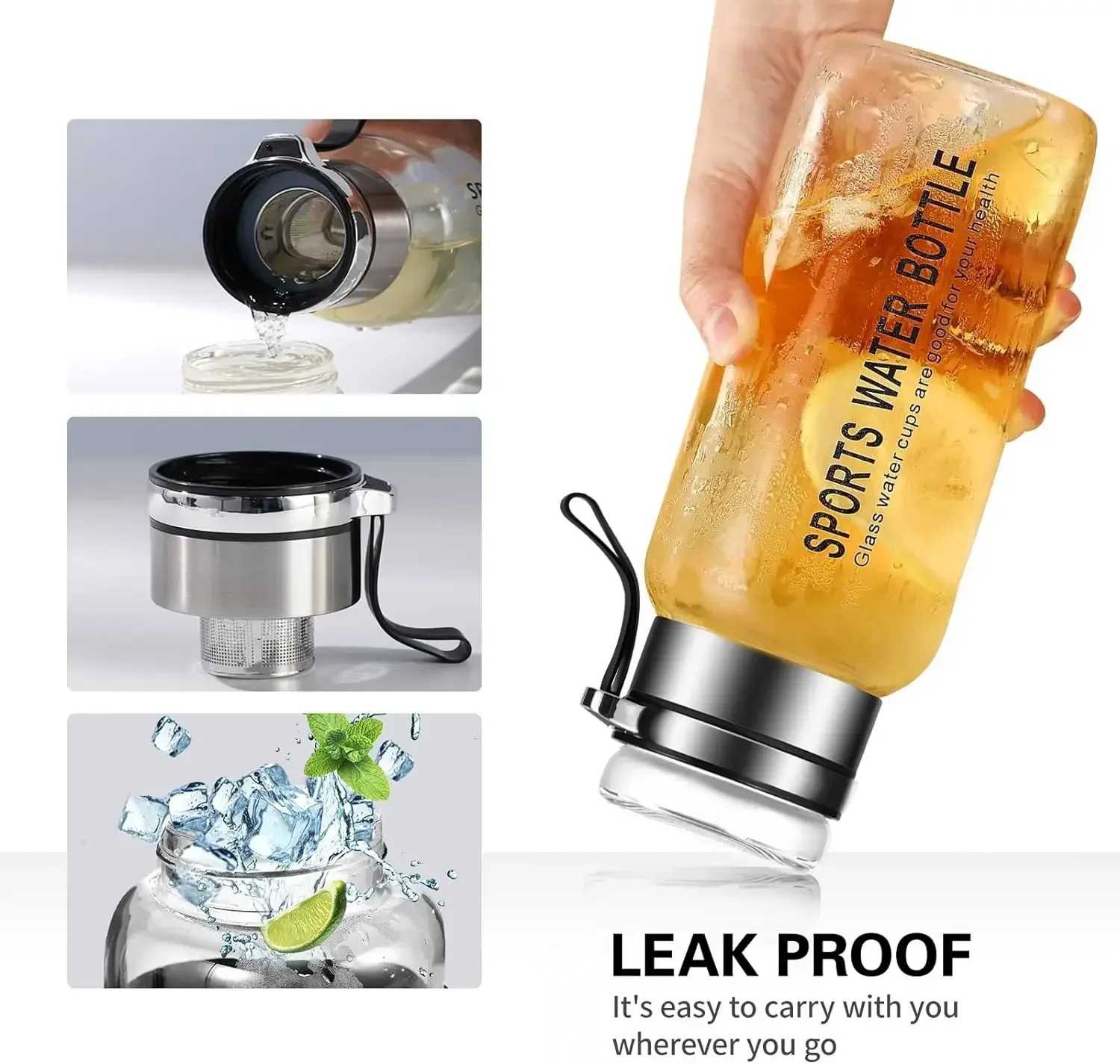 Large Capacity Glass Water Bottle Transparent Milk Juice Cup for Tour Outdoor Sports and Travel Leak Glass Bottle 260206
