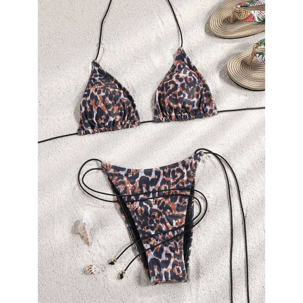 Miyouj New Bikini Triangle Swimwear Leopard Two Piece Suit Solid Color Bathsuit Sexy Swimsuits High Cut Bathwear Bandage Biquini C260207