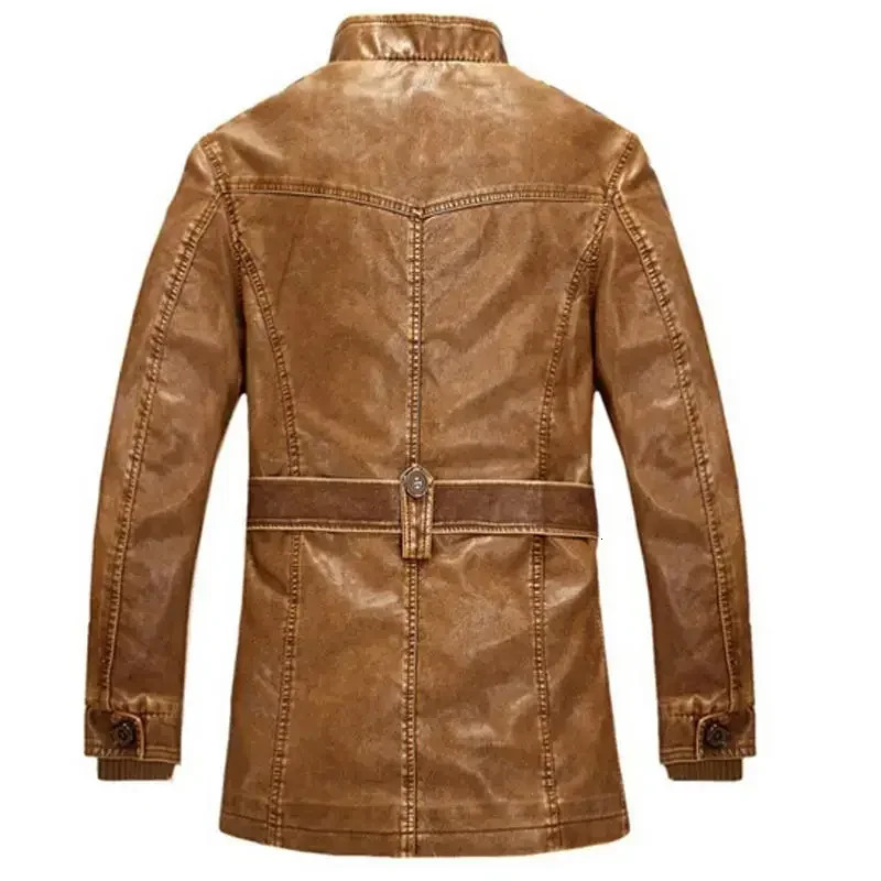 High Quality Leather Jacket Men Slim Warm Washed Motorcycle Biker Jackets Standing Collar Coat Plus size 4XL Long Parkas 260205
