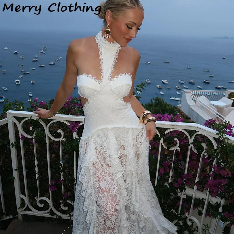 Sexy Lace Patchwork Dress Women Hollow Out Sleeveless Party Club Long Skirt See Through Halter Evening Gown Vacation Lady Robes 260122