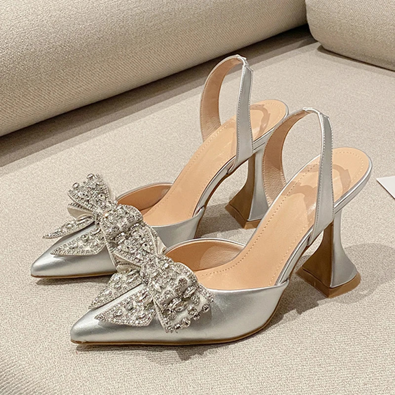 Liyke Fashion Sequined Crystal Bowknot Women Pumps Sexy Pointed Toe Red High Heels Wedding Banquet Shoes Ladies Slingback Sandal 260202