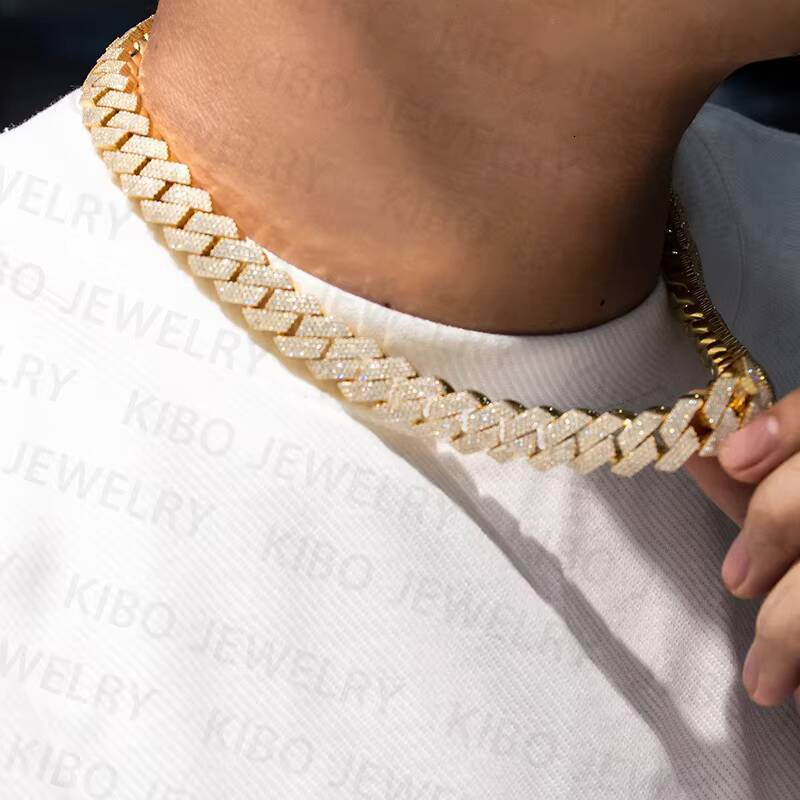 Thickness Rose Gold Yellow Gold Plated 15mm Iced Out Cuban Link Chain 925 Silver Cuban Moissanite Chain