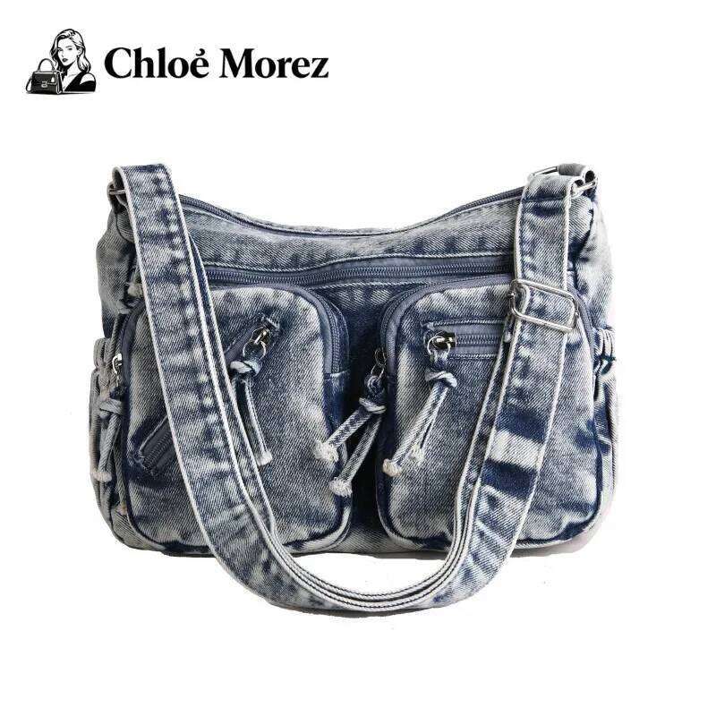 Women's Large Capacity Casual Crossbody Washed Denim Mailman Style Trendy Single Shoulder Bag Versatile C260207