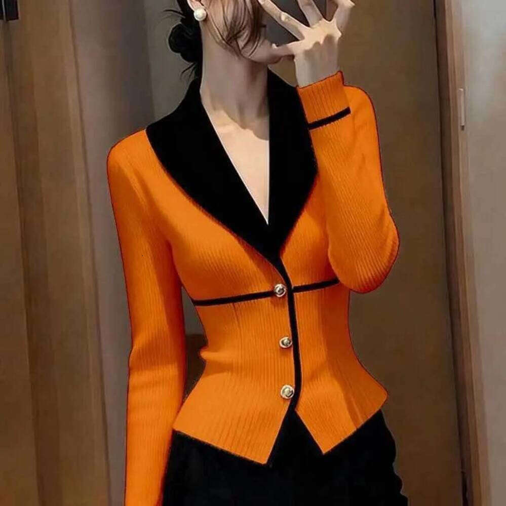 ZHE HAN V-Neck Knitted Suit Jacket Women's New Spring Autumn Fashion Color Matching Slim Cardigan Sweater