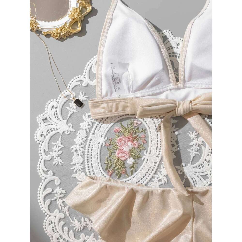 Sexy Glitter Shinny Halter Ruffles Bikinis Sets Two Pieces Padded Back Tie Thong Swimwear Female Bathing Suit Swimsuit Biquini C260207
