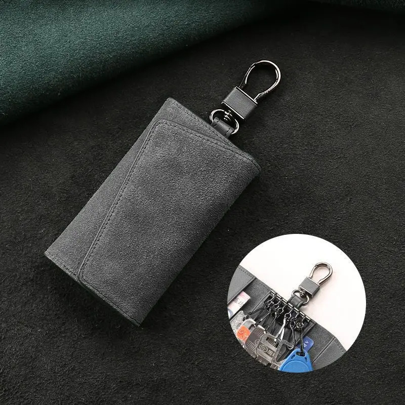 Suede Leather Fob Car Key Case Premium pu Leather Car Keychain Holder Auto Key Case Protector with Metal Hook Keyring Zipper Bag 260129