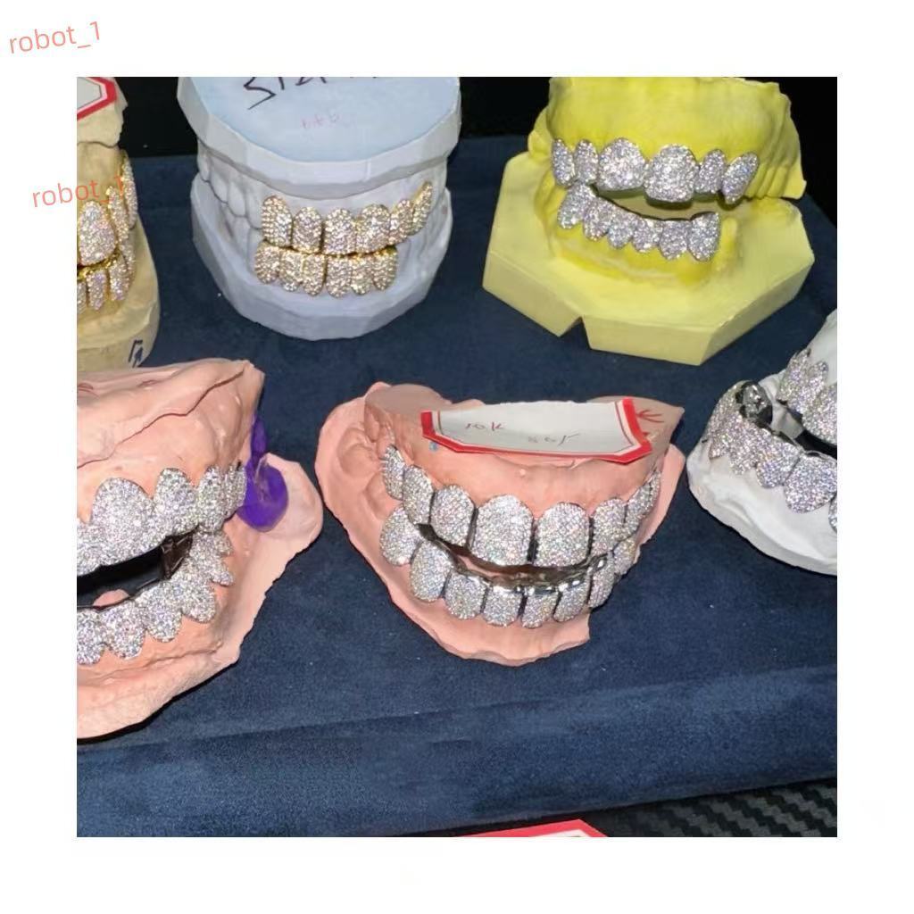 Customized 16 Teeth Iced Grillz 14kt White Gold 925 Silver D VVS Moissanite Fine Piercing Jewelry for Men Women for Weddings