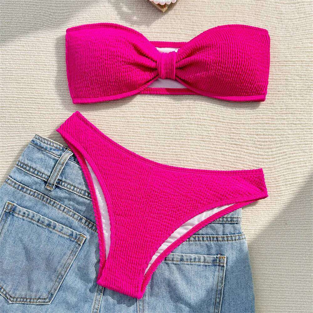 Sexy Rose Red Bikini Bandeau Swimsuit Y2K Rib Vacation Swimwear Backless Strapless Bikinis Thong Women Beach Outfit Bathing Suit C260207