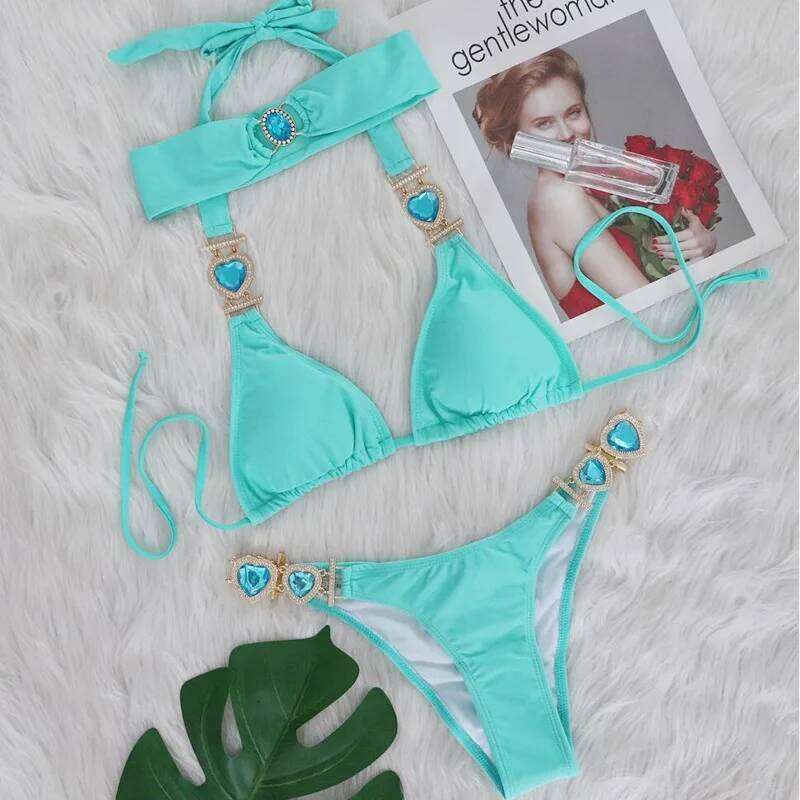 Sexy Rhinestones Bikinis Swimsuits With Headband Women Swimwear Female Push Up Bikini Beach Swim Wear Bathing Suits Pool Bather C260207