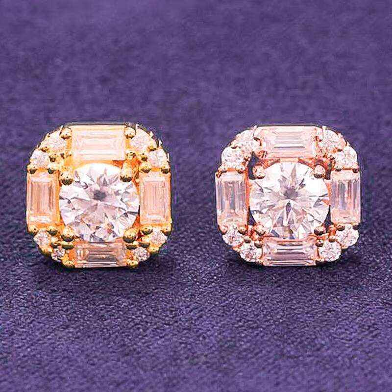 Pass Diamond Tester Hip Hop D Color Baguette Moissanite Halo Square Men's Cluster Stud Earrings With 925 Sterling Silver GRA