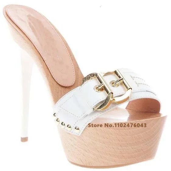 Platform Stiletto Heel Slipper n Peep Toe Belt Buckle Metal Decorative Sandal Summer Sexy High Shoes 260208