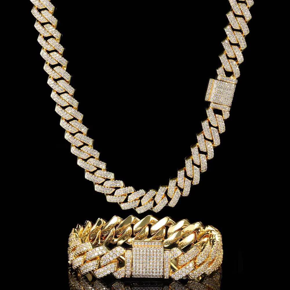 Wholesale Stock Hip Hop Rapper Jewelry 14mm Real Solid Gold Plating Iced Out vvs moissanite Diamond Prong Cuban Link Chain Necklace for Men