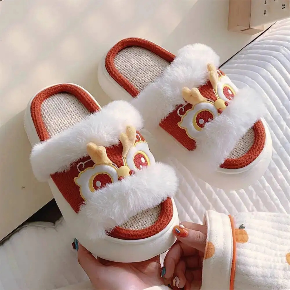Home Slippers Chinese Trend Lion Dance Linen For Women FourSeason Stylish Anti Slip Thick Soled Cotton 260208