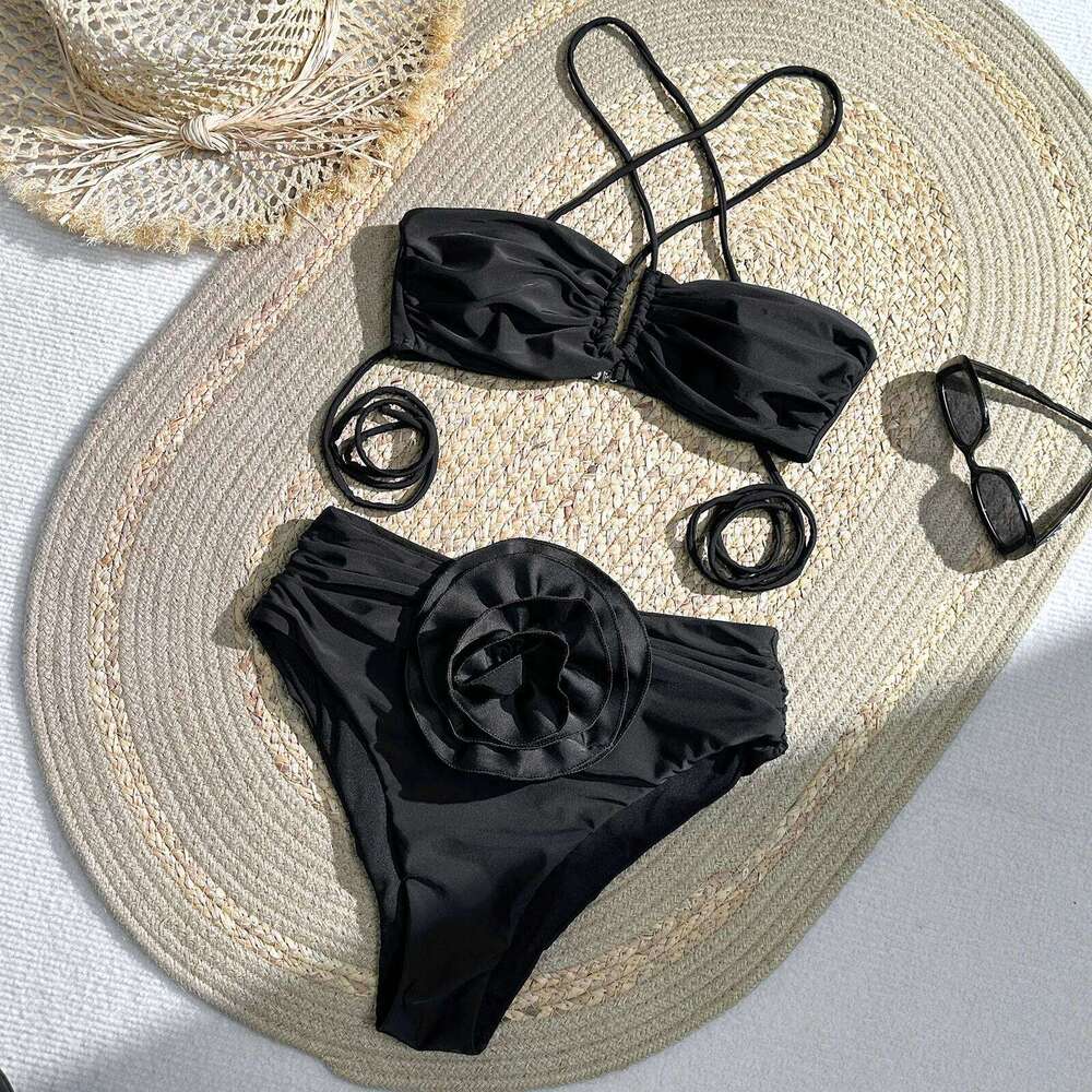 Sexy Bikini Set 2 Piece Swimwear Women High Waist 3D Flower Swimsuit 2026 New Halter Bandeau Bandage Banthing Suit Red White C260207