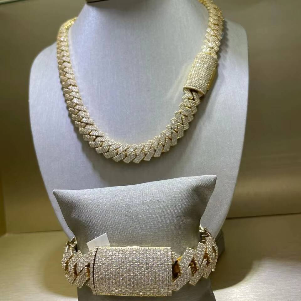 Luxury Cubanas Custom 12mm-20mm Gold Plated silver Prong vvs moissanite Diamond Iced Out Cuban Link Chain Hip Hop Necklace for Men
