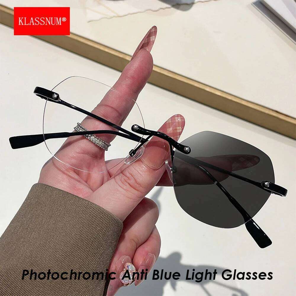 KLASSNUM Photochromic Anti Blue Light Women Rimless Square Transparent Computer Glasses Men Color Change Sunglasses 2025 Y260207