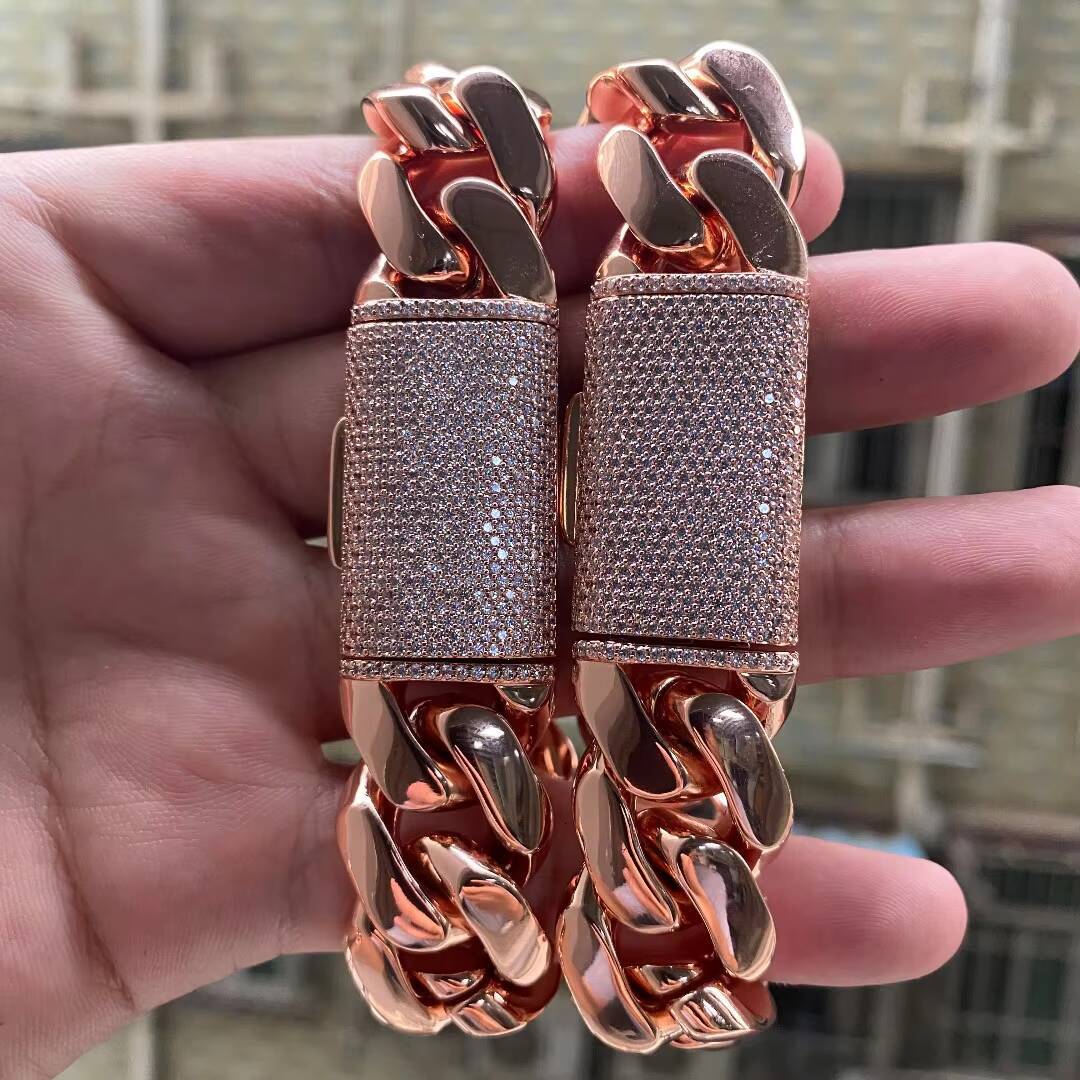 Wholesale Rose Gold Plate Cuban Link Chain Choker Heavy Solid silver Miami Cuban Chains Bracelet for Men Women Cadena De Oro Rosa