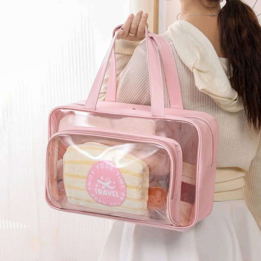 Beach Bag Portable Transparent Clothes Makeup Pouch Shopping Handbag Large Picnic Basket Organizer Travel Essentials Y260206
