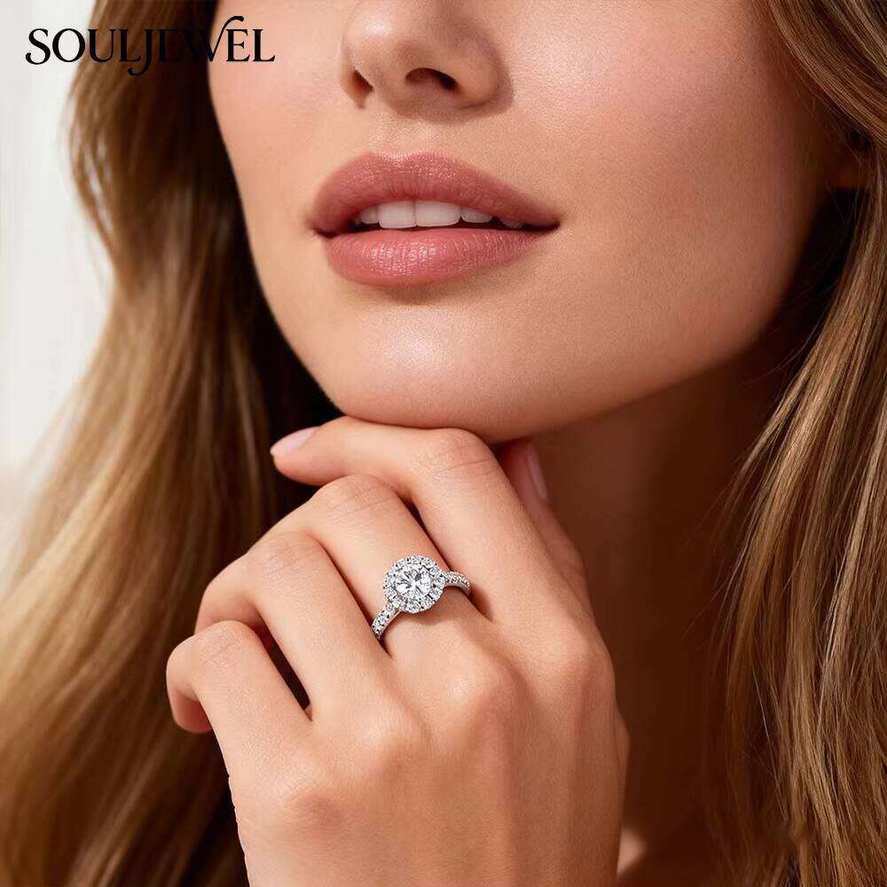 Souljewel Flower Shape 925 Sterling Silver Moissanite Halo Eternity Band Prong Setting Rhodium Plated Luxury Wedding Ring