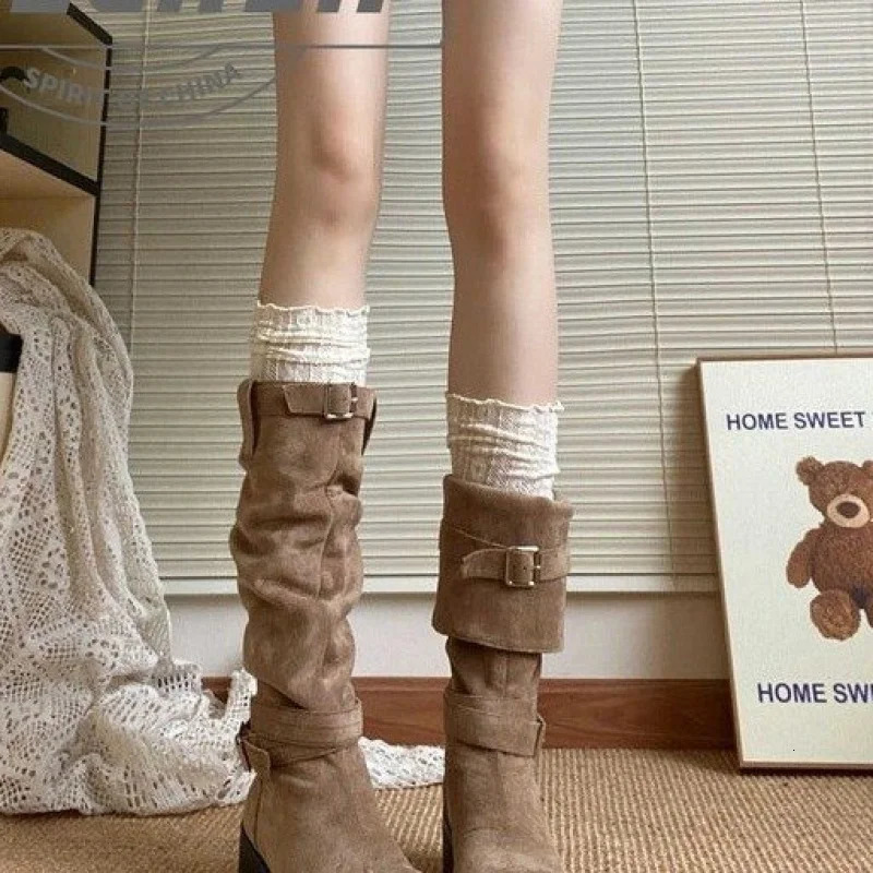 Microfiber Suede High Tube100y Rubber Winter Mid Heel35cmBagged Fashion Boots Round Toe 260208