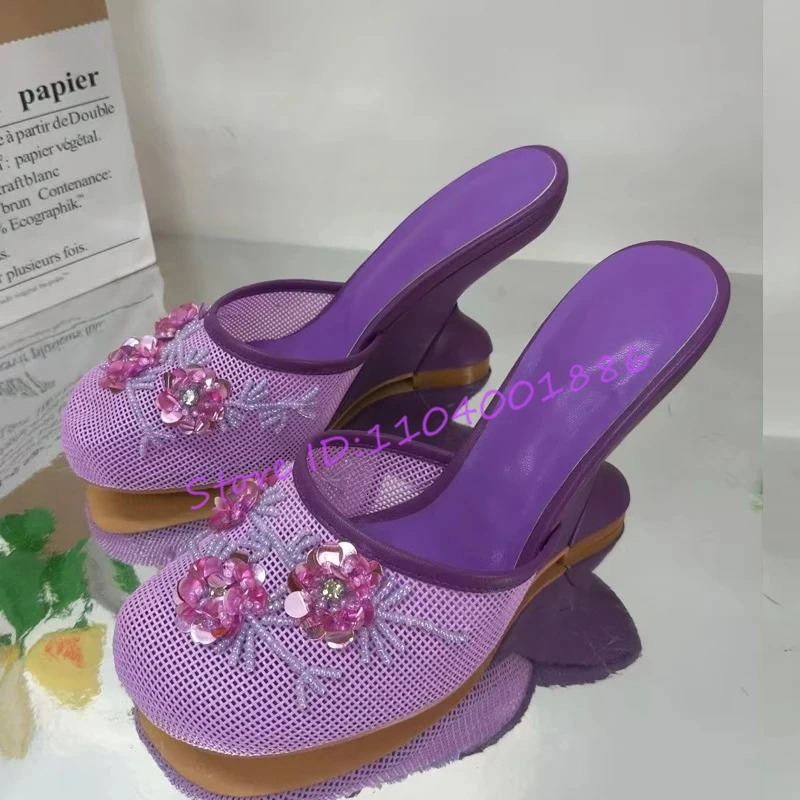 Novelty Mesh Sequin Wedges Slipper Chinese Beadwork Floral Decor Strange Heel Sandals Summer Round Toe High Heels 260208