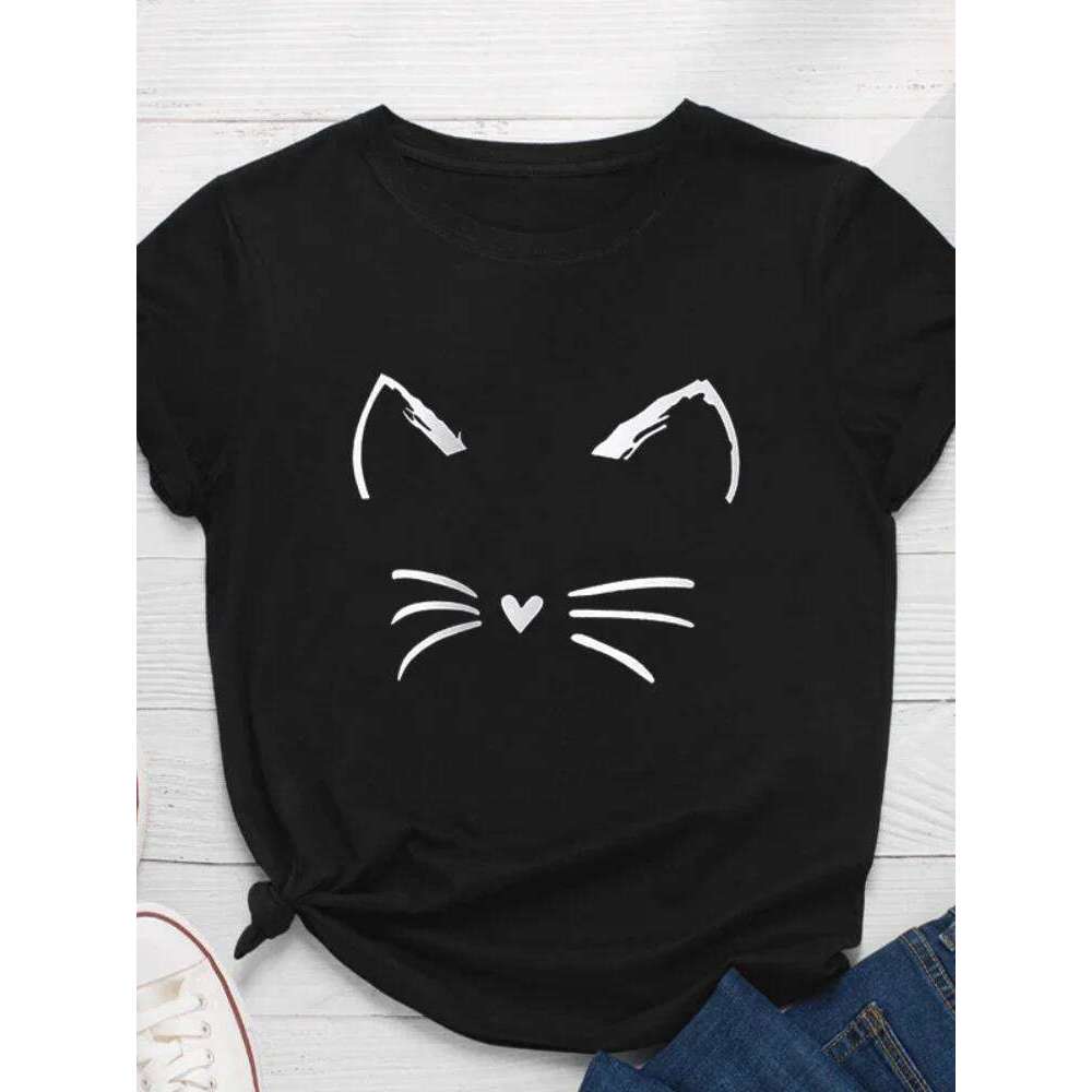Cat Face Print T Short Sleeve O Neck Loose Women Tshirt Ladies Tee Shirt Tops Clothes Camisetas Mujer C260207