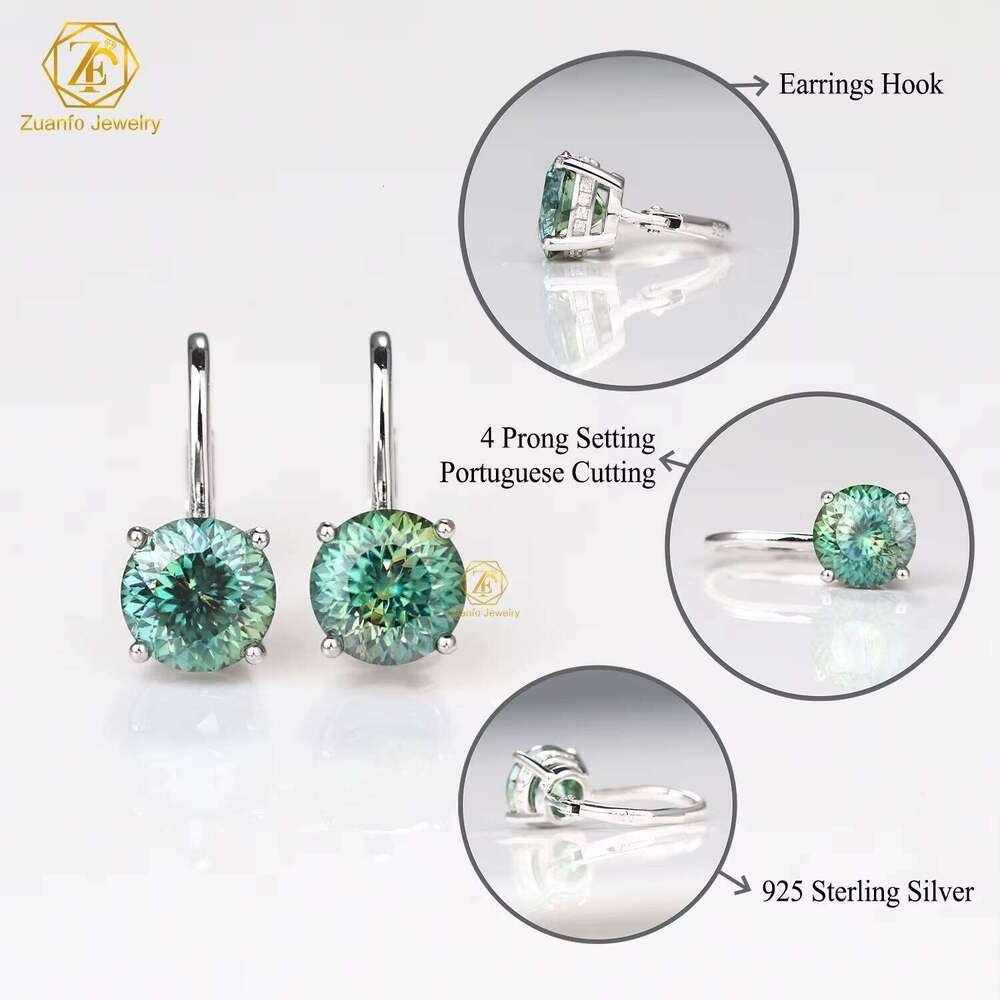 New Collection Blue Green Portuguese Cut Moissanite 8Mm 2Carart 18K Gold Plated 925 Silver Hidden Halo Diamond Earrings