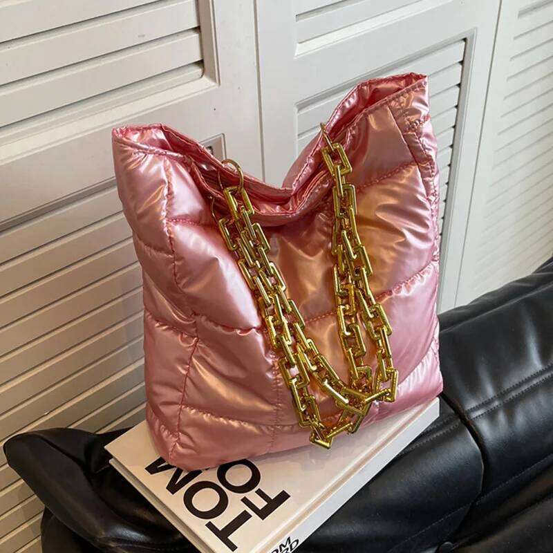 Solid Color Winter Fashion Shoulder Bags For Women, Acrylic Chain Casual Tote Designer Plaid Down Cotton Ladies Handbags C260207