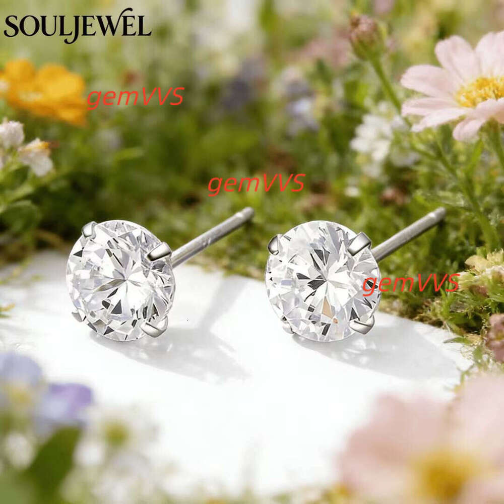 Souljewel Fine Jewelry 925 Sterling Silver Moissanite Stud Earrings Classic Four Prong Design Rhodium Plated GRA Certified