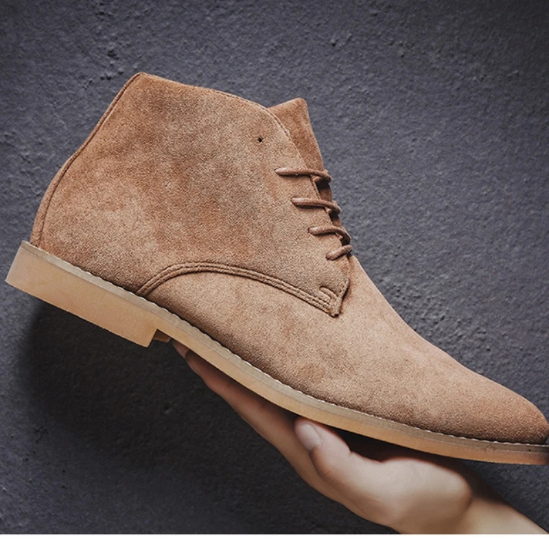 Brown Chelsea Boots Men British Style High Top Suede Leather Shoes for Laceup Pointed Toe n Mens Ankle Zapatos 260208