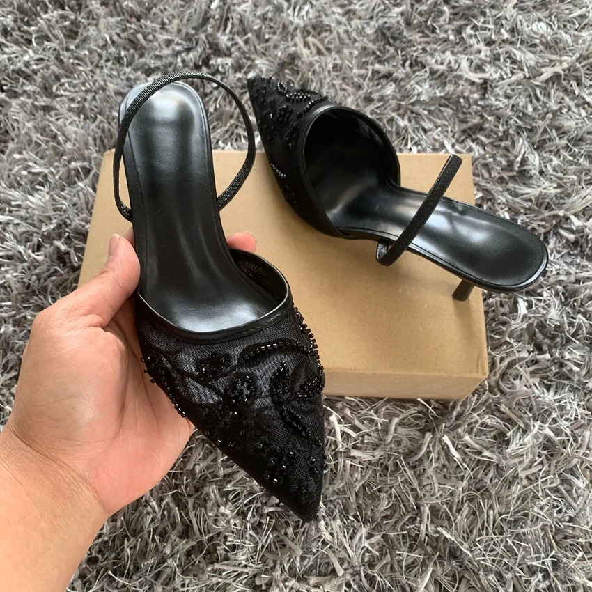 Black Embroidered Mesh Slingback High Heels Sandals for Women er Shoes Woman Elegant Style Wedding Party Pumps 260202